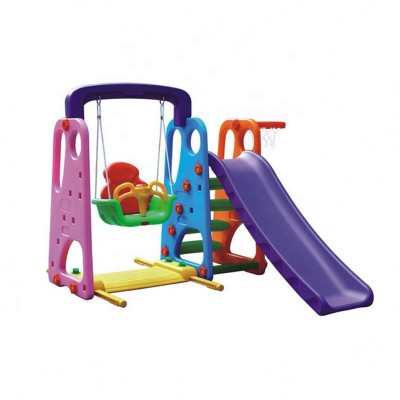 Cheap kids combination indoor plastic slide and swing set with ball poor and hoop