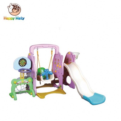 Cheap children multifunctional indoor plastic slide 8 in 1 and swing set with ball poor and hoop